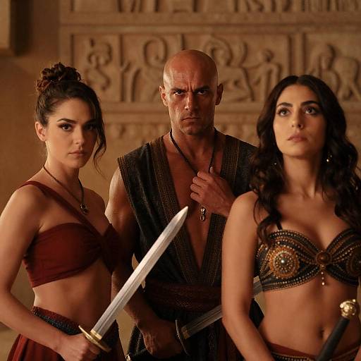 Ancient Warriors with Swords and Ornate Attire