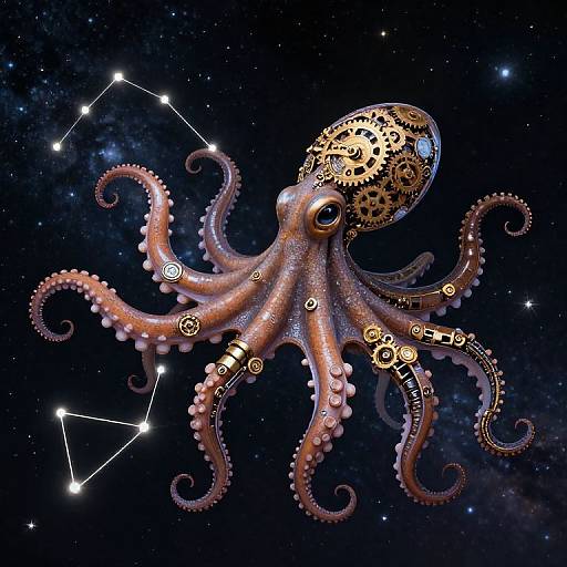 Celestial Clockwork Octopus in Cosmos