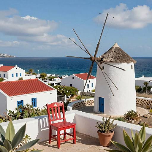 Coastal Village with Red Chair and Windmill
