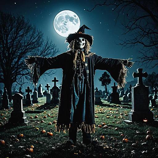 Spooky Halloween Scarecrow in Moonlit Cemetery