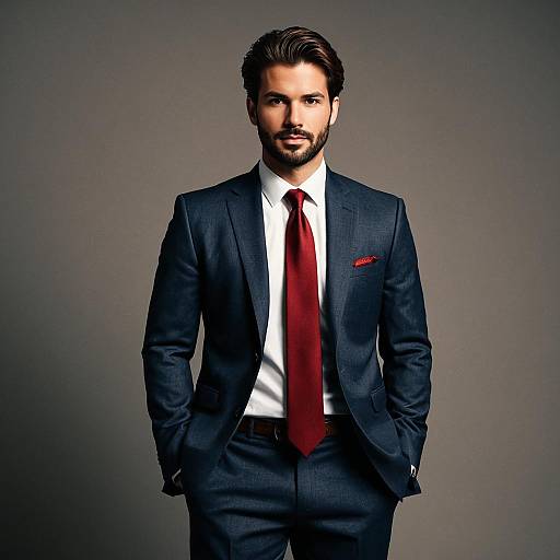 Confident Man in Navy Blue Suit with Red Tie