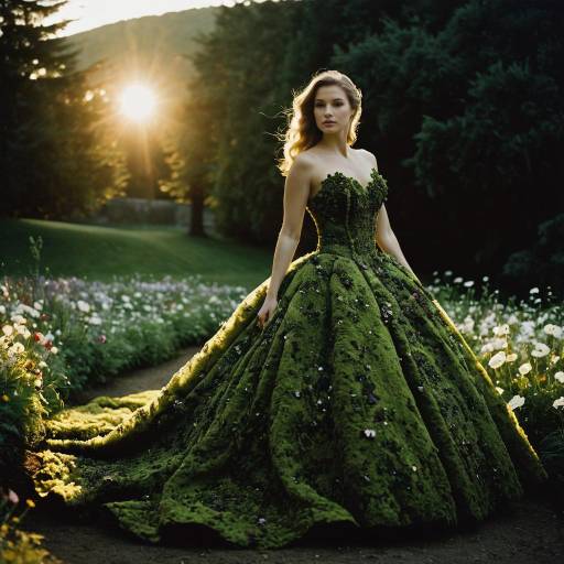 Woman in Moss and Flower Ballroom Gown at Sunset