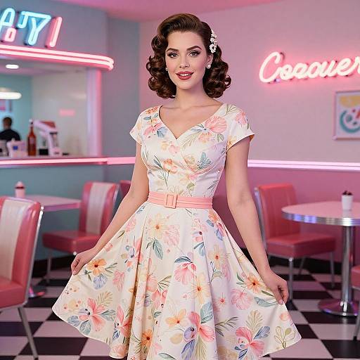 1950s-style photograph of a smiling woman with curled brown hair, wearing a floral dress, in a neon-lit retro diner.