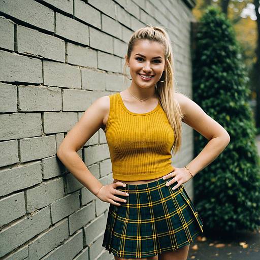 Young woman in mustard crop top and plaid skirt