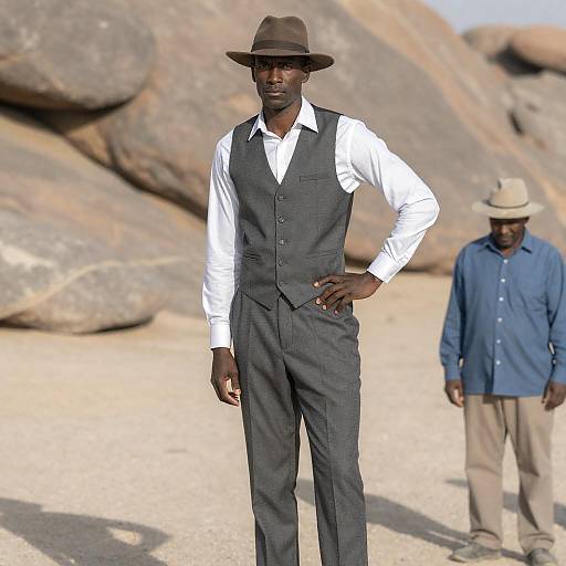 Man in Grey Vest and Brown Hat in Desert