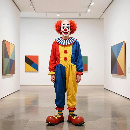 Whimsical Clown in Surreal Art Museum