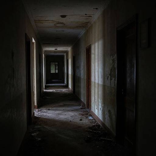 Photograph of a dark, abandoned hallway with peeling paint, dusty floor, and a distant, illuminated doorway at the end.
