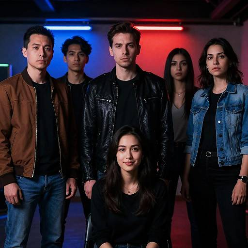 Photograph of five diverse young adults, three men and two women, standing in front of blue and red neon lights, wearing casual leather and denim attire
