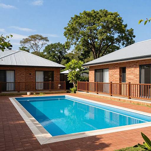Photograph of a bright blue rectangular pool surrounded by red-brick houses with white roofs, wooden railings, and lush green trees in the background under
