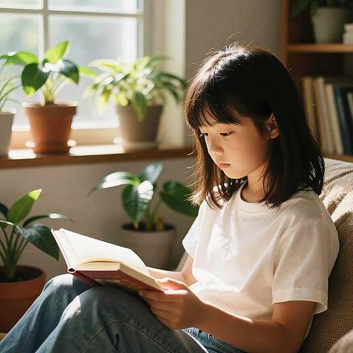 Young Girl Reading in Cozy Plant-Filled Room