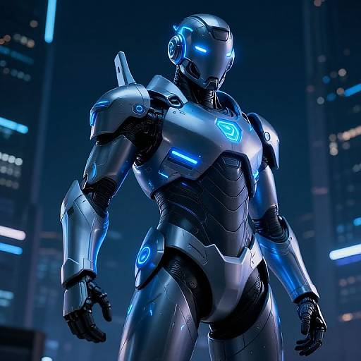 Photorealistic CGI of a futuristic, blue-lit, armored robot with glowing accents standing in a dark, neon-lit cityscape at night.