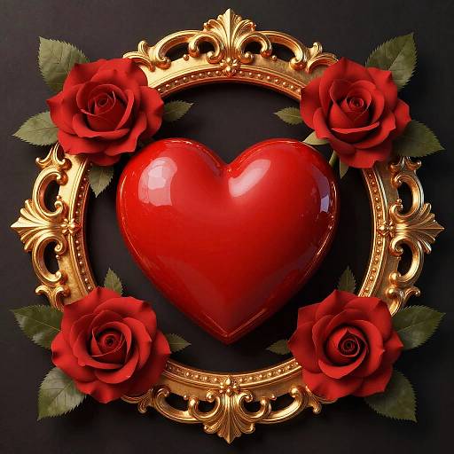 Photograph of a shiny red heart centered in an ornate, gold-framed circular wreath adorned with three red roses and green leaves on a black