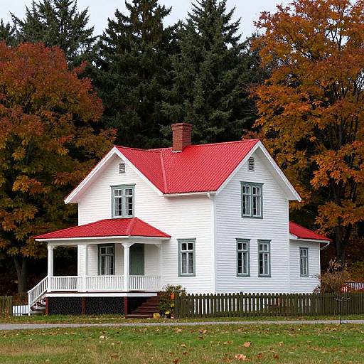 Photograph of a white two-story house with a bright red roof, surrounded by autumn trees, and a white picket fence.