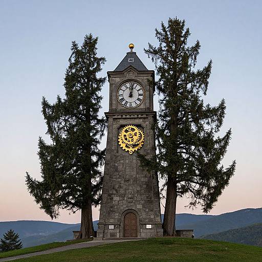 Photograph of a stone clock tower with two tall pine trees in front, set on a grassy hill under a twilight sky.