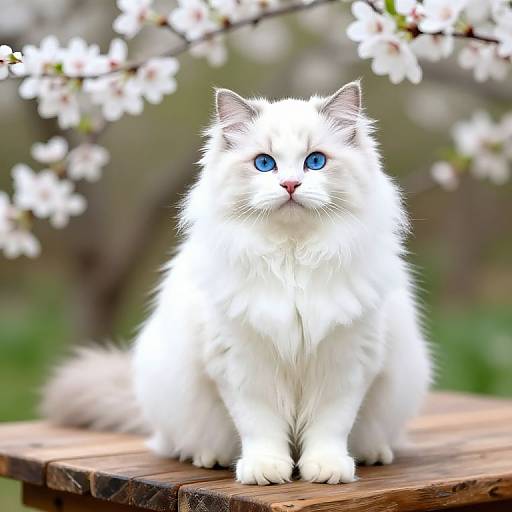 Photograph of a fluffy white cat with striking blue eyes sitting on a wooden table, surrounded by blooming cherry blossoms.