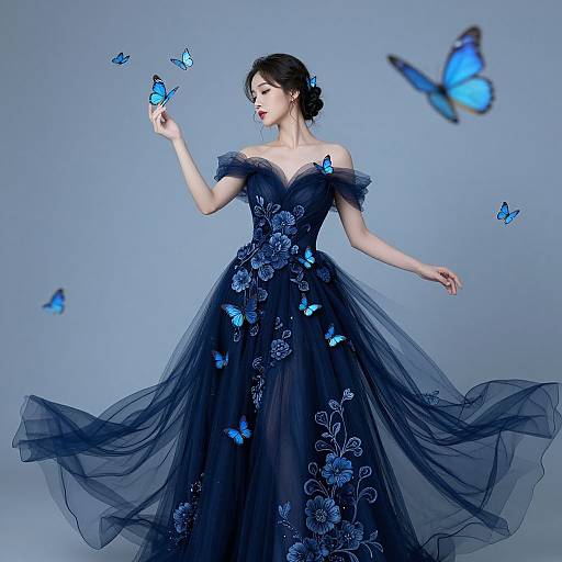 Photograph of an Asian woman in a black, off-shoulder, floral-embroidered gown, surrounded by blue butterflies, delicately touching