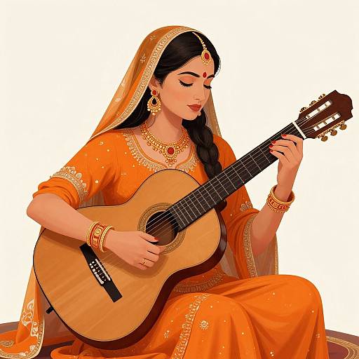 Digital illustration of a beautiful South Asian woman in an orange saree and red bindi, playing a tanuk tanpura with closed eyes, adorned