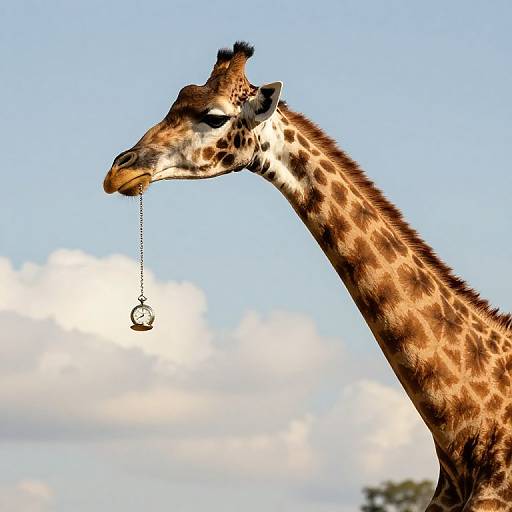 Photograph of a giraffe's head and neck against a clear blue sky, holding a small metal ring in its mouth.