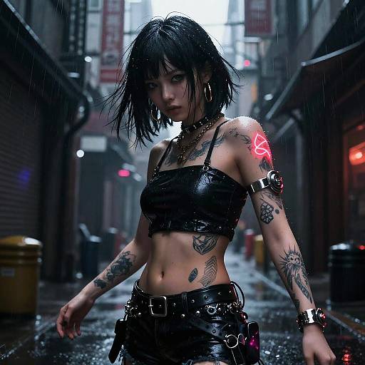 Cyberpunk street scene: Tattooed, black-haired woman in wet, leather crop top and pants, neon arm tattoo, rain, urban alleyway
