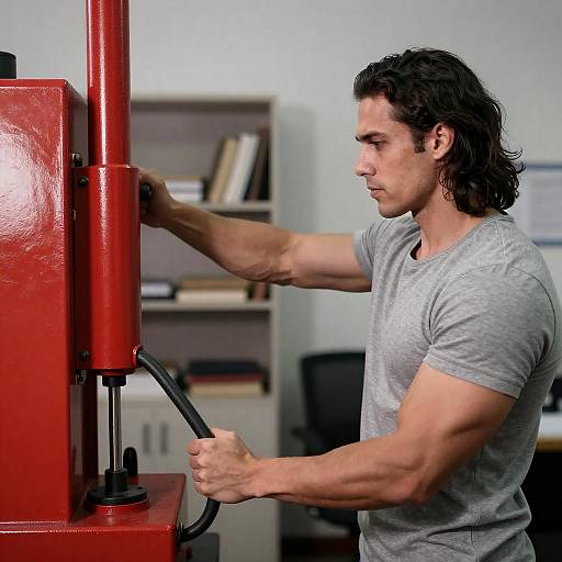 Muscular Man Operating Red Industrial Machine
