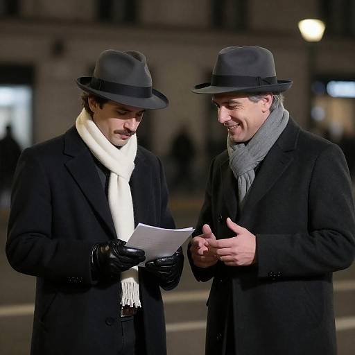 Two Men in Dark Coats and Fedoras Discussing Document at Night