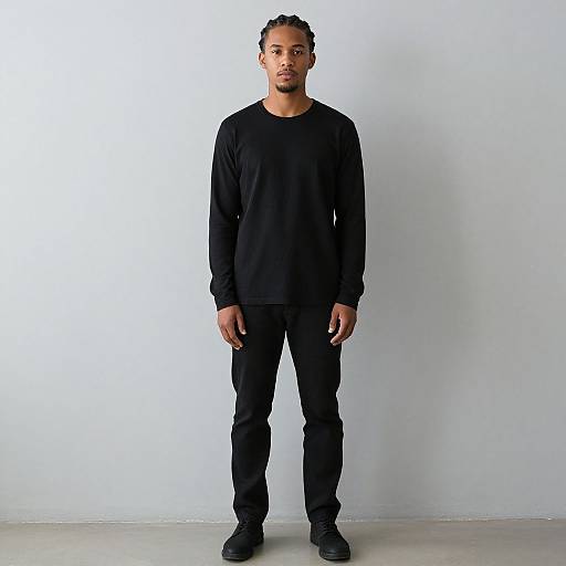 Photograph of a young Black man with short curly hair, wearing a black long-sleeve shirt, black pants, and black shoes, standing against