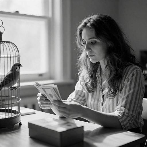 Black-and-White Woman Holding Money at Desk