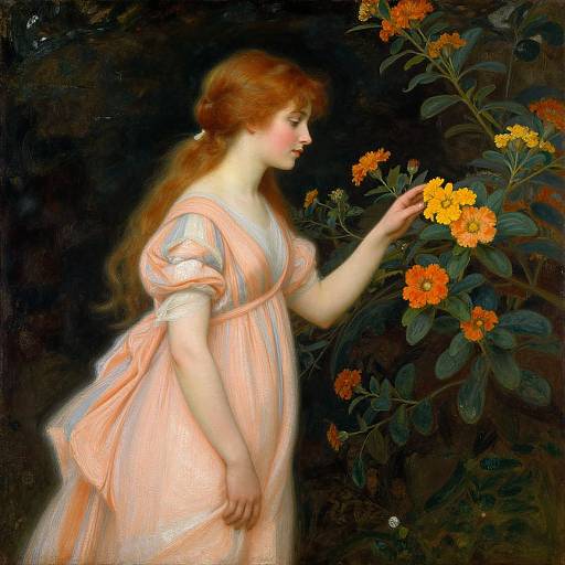 Pre-Raphaelite painting of a fair-skinned, auburn-haired woman in a pink dress, gently touching vibrant orange and yellow flowers against a