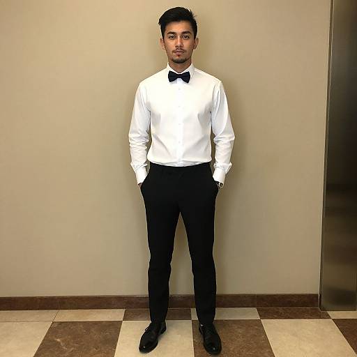 Photograph of a young South Asian man with short black hair, light brown skin, and trimmed beard, wearing a white dress shirt, black bow tie