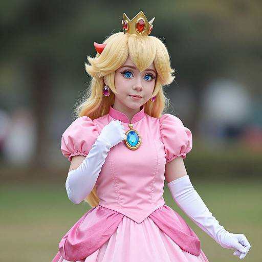 Photograph of a young woman cosplaying as Princess Peach, with a golden crown, pink dress, white gloves, and blue pendant, standing in a