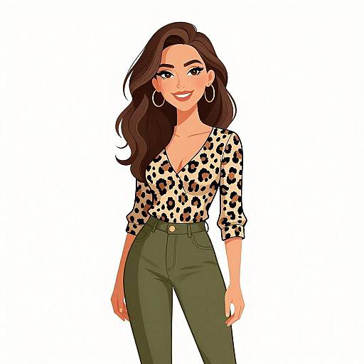 Digital illustration of a smiling woman with long brown hair, wearing a leopard print top, green high-waisted pants, and hoop earrings.