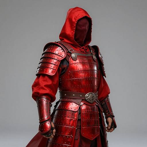 Photograph of a samurai in vibrant red samurai armor with a hood, metal plates, and a silver belt buckle, standing against a plain gray
