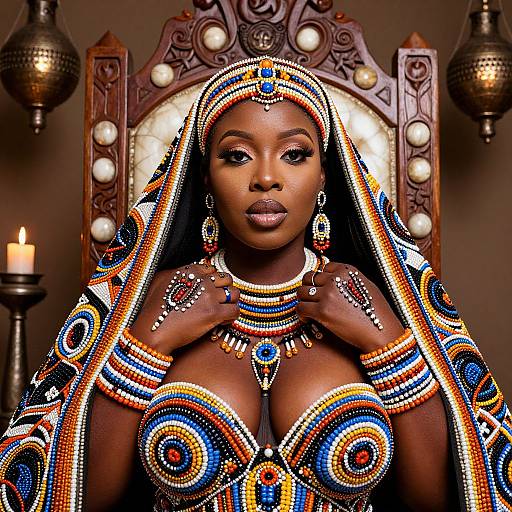 Photograph of an African woman with dark skin, adorned in vibrant, intricate beaded traditional attire, featuring colorful patterns and jewelry, against an ornate