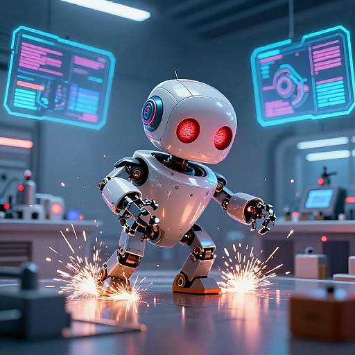 CGI image of a small, white, robotic humanoid with red glowing eyes, standing on sparking feet in a futuristic, neon-lit laboratory.
