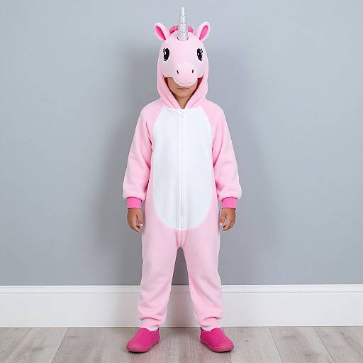 Photograph of a young child wearing a pink unicorn onesie with a hood, white front, and pink feet, standing against a light blue wall on