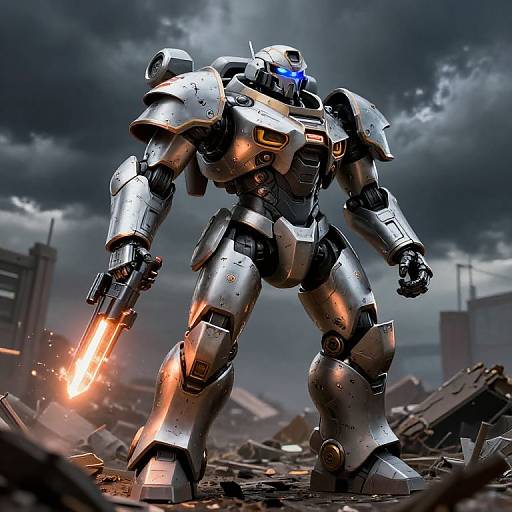 Digital art of a silver, armored, humanoid robot with glowing blue eyes and orange plasma sword, standing amidst a ruined, dark, cloudy battlefield.