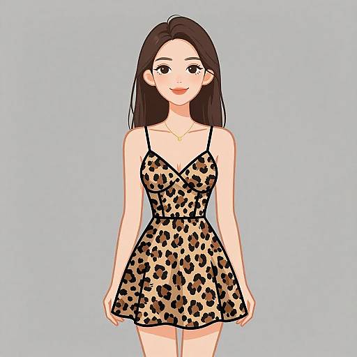 Digital drawing of a smiling young woman with long black hair, wearing a leopard print, sleeveless, V-neck dress, against a light blue background.