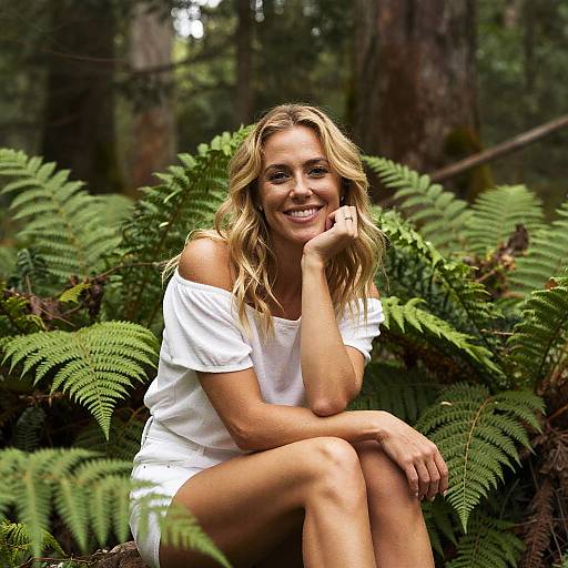 Photograph of a smiling blonde woman with wavy hair, wearing a white off-shoulder dress, sitting among lush green ferns in a forest