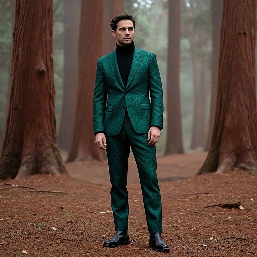 Photograph of a serious, dark-haired man in a green tweed suit, black turtleneck, and black shoes, standing in a misty