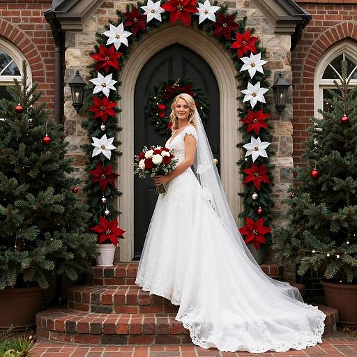 Elegant Christmas Bride on Brick Steps