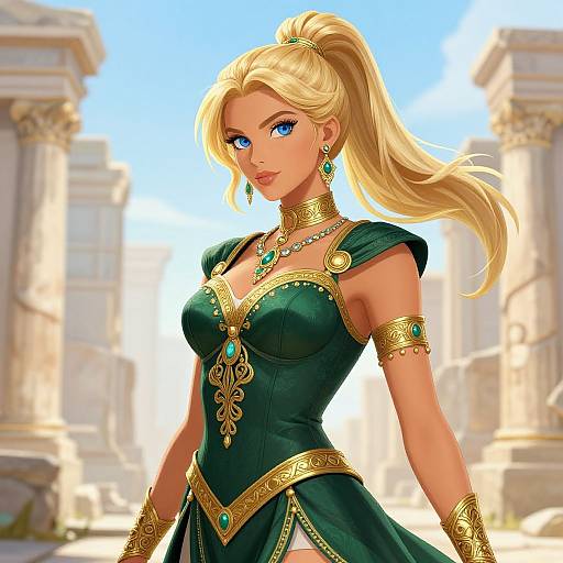 Digital anime-style artwork of a blonde, blue-eyed woman with a high ponytail, wearing a green, gold-accented dress and jewelry, standing