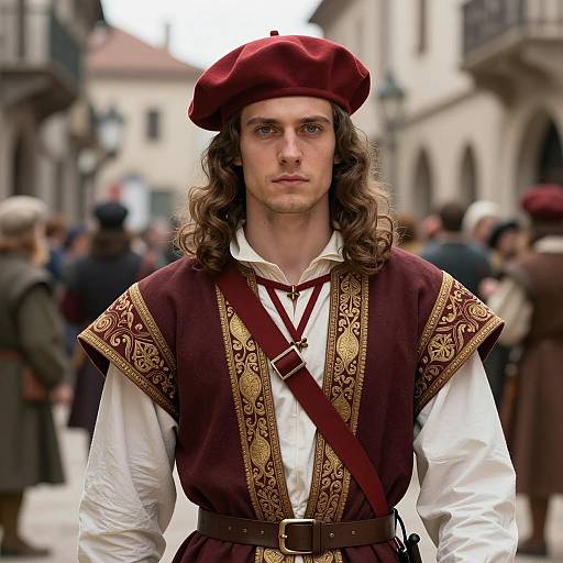 Renaissance Man in Maroon Beret and Brocade Tunic
