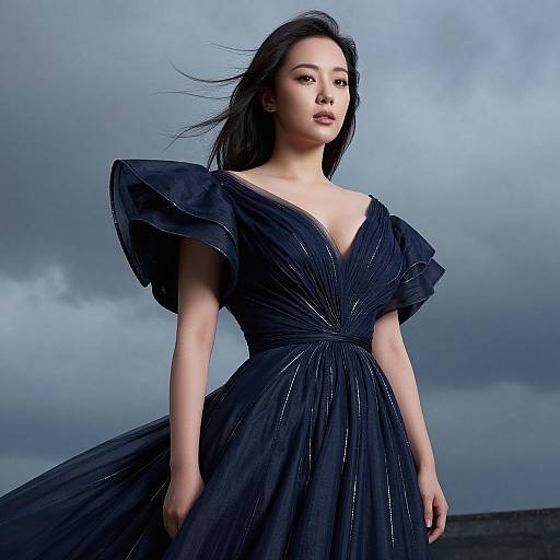 Photograph of an Asian woman with long black hair in a dramatic, off-the-shoulder, black dress with puffed sleeves, standing against a