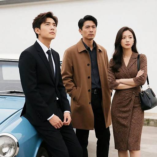 Three People Beside Blue Vintage Car