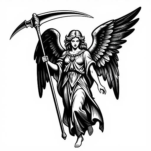 Black and white ink drawing of a winged, classical angel with flowing dress, holding a scythe, mid-flight, wings spread.