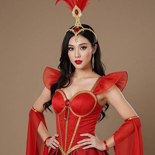 Photograph of an Asian woman with long black hair, wearing a red and gold corset with feathered headdress, red sleeves, and jewelry,