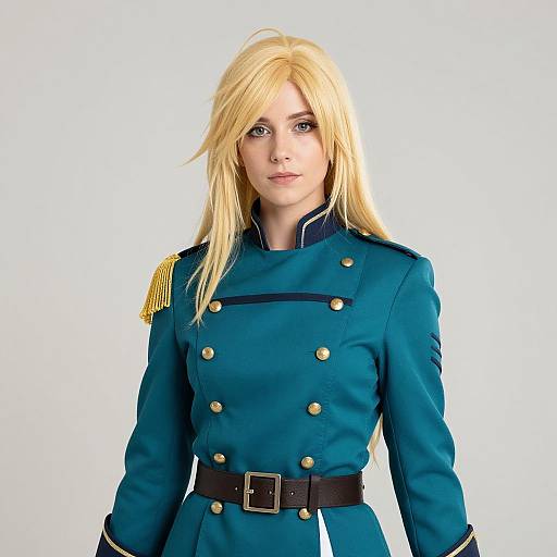 Photorealistic CGI of a blonde woman with fair skin, wearing a teal military-style uniform with gold epaulettes and black belt. White background