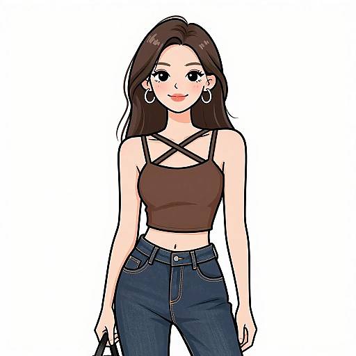 Digital anime-style drawing of a smiling woman with long brown hair, wearing a brown crop top with crisscross straps and blue jeans.