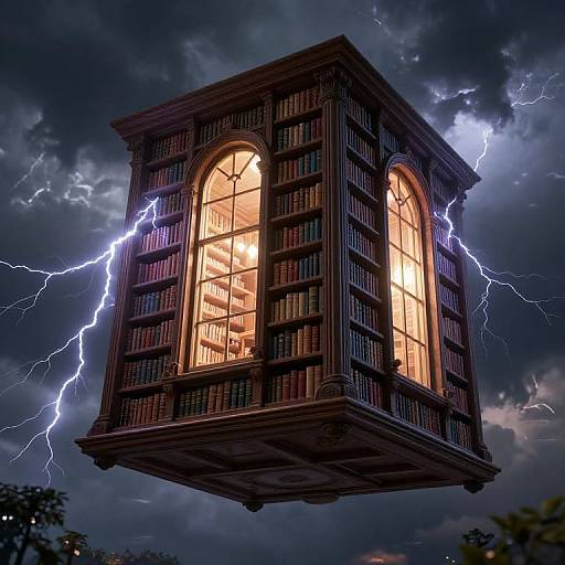 Photorealistic digital artwork of a floating, lightning-struck bookshelf room with illuminated, arched windows, filled with books, against a stormy
