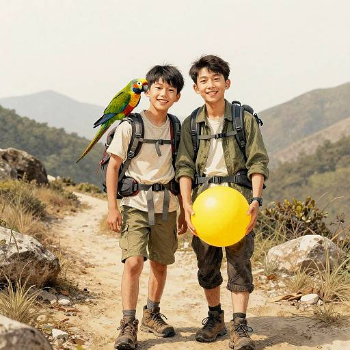 Young Hiker with Parrot in Ink